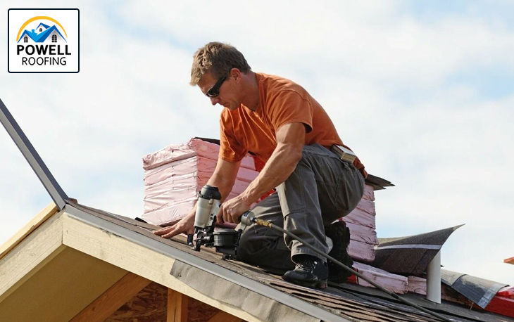 Roofer working on house roof during inspection